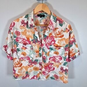 Rachel Zoe‎ Womens Sz M Linen Floral Cropped Shirt Tropical Summer Beach Travel
